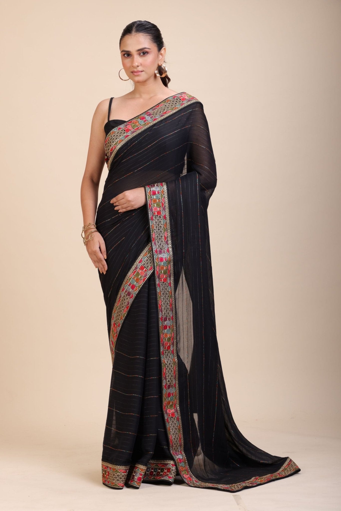 Black Georgette Saree With Multicolor Lace Border - Anvi Couture
