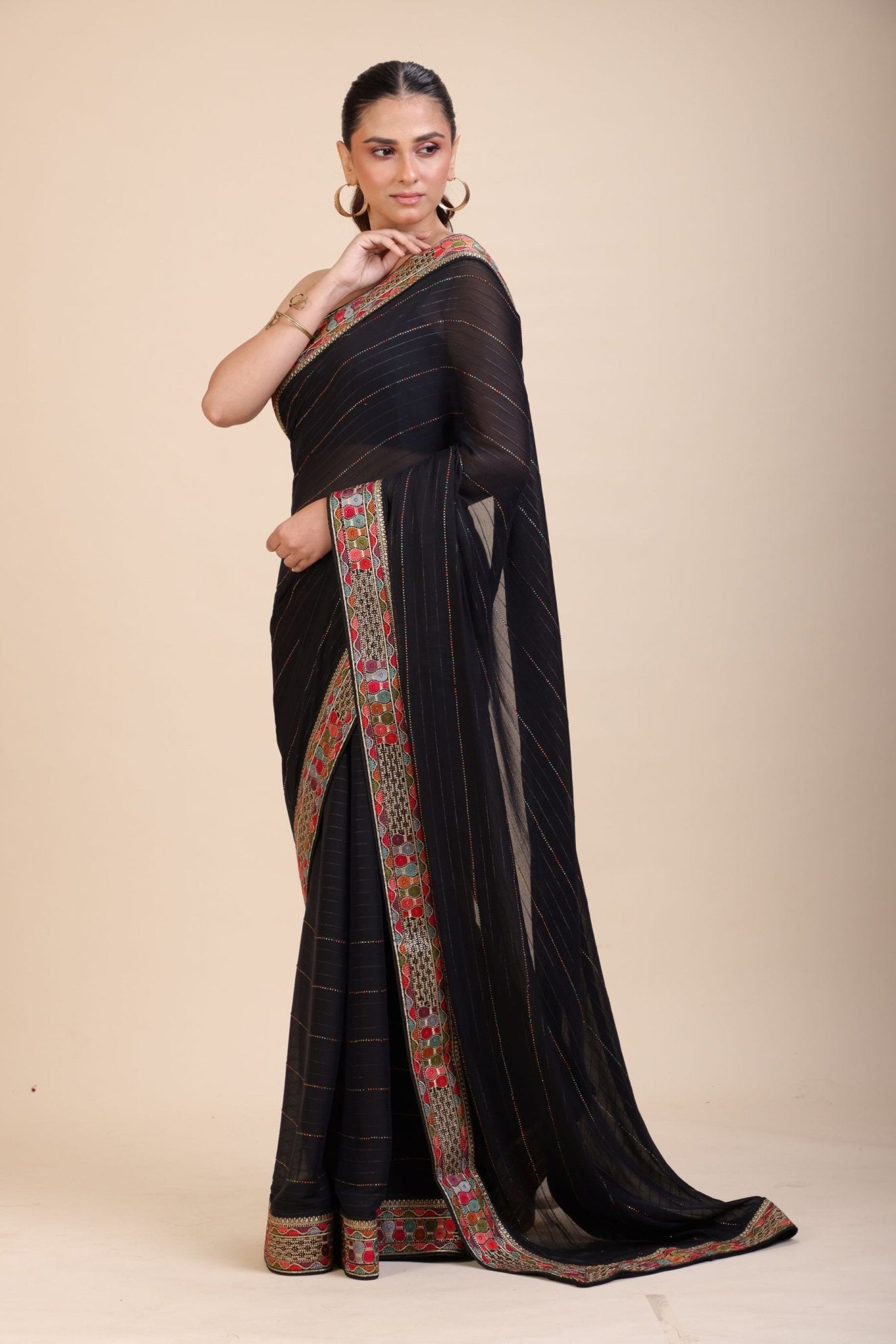 Black Georgette Saree With Multicolor Lace Border - Anvi Couture