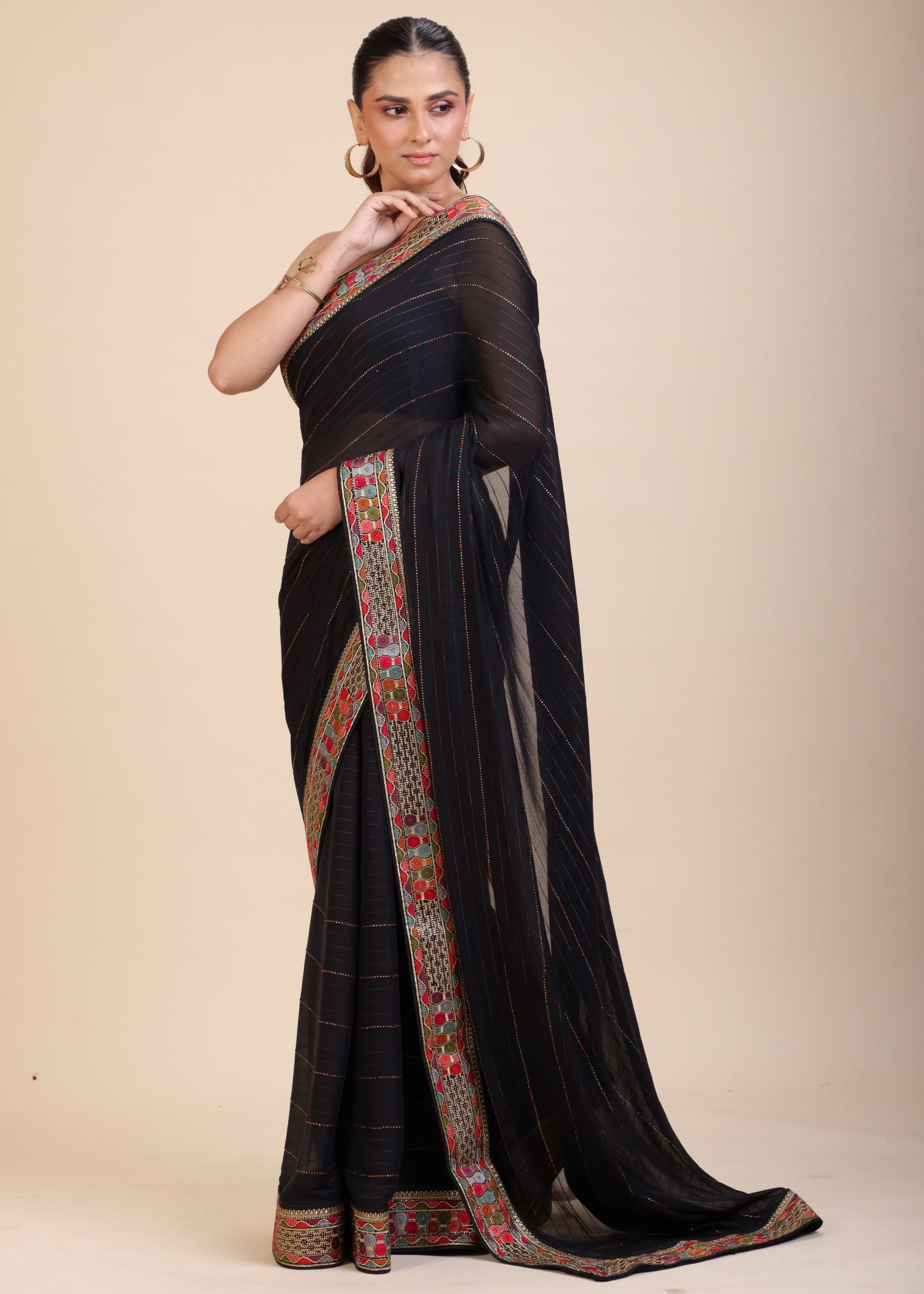 Black Georgette Saree With Multicolor Lace Border Front