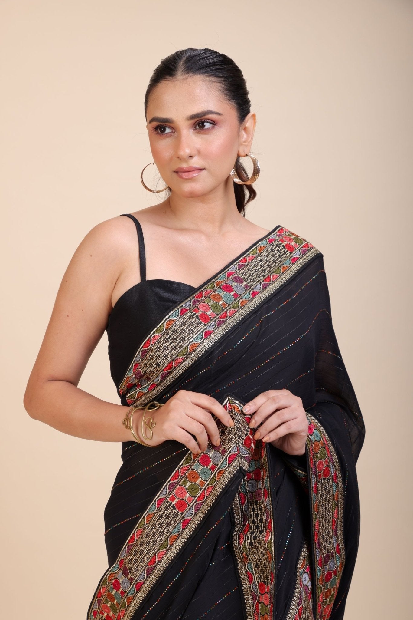 Black Georgette Saree With Multicolor Lace Border - Anvi Couture