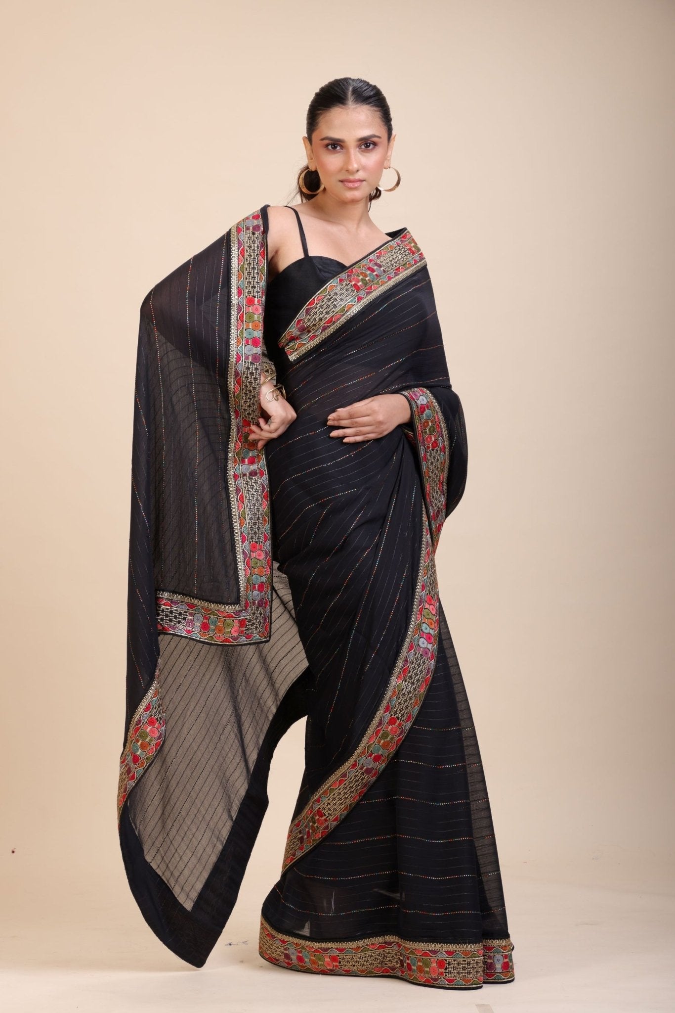 Black Georgette Saree With Multicolor Lace Border - Anvi Couture