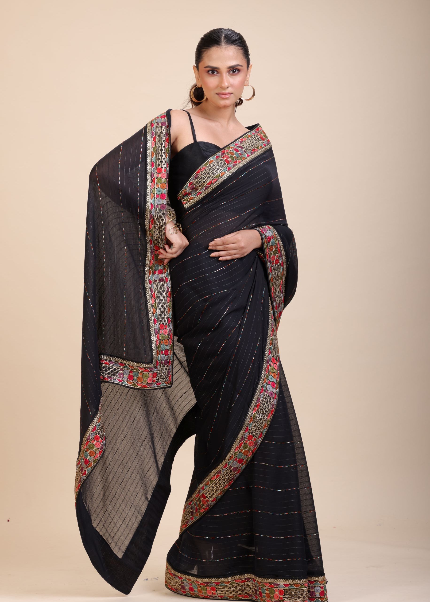 Black Georgette Saree With Multicolor Lace Border Full Front 