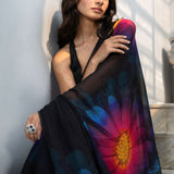 Black Georgette Saree with Multicolor Floral Prints - Anvi Couture