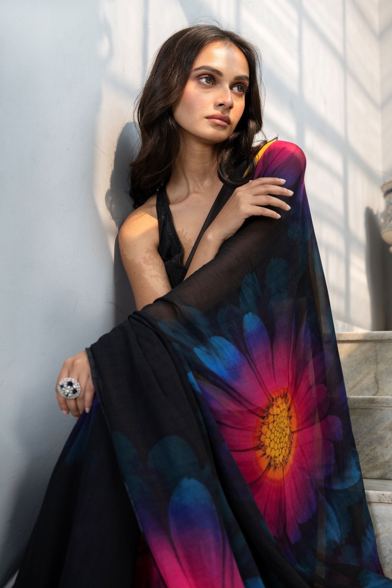 Black Georgette Saree with Multicolor Floral Prints - Anvi Couture