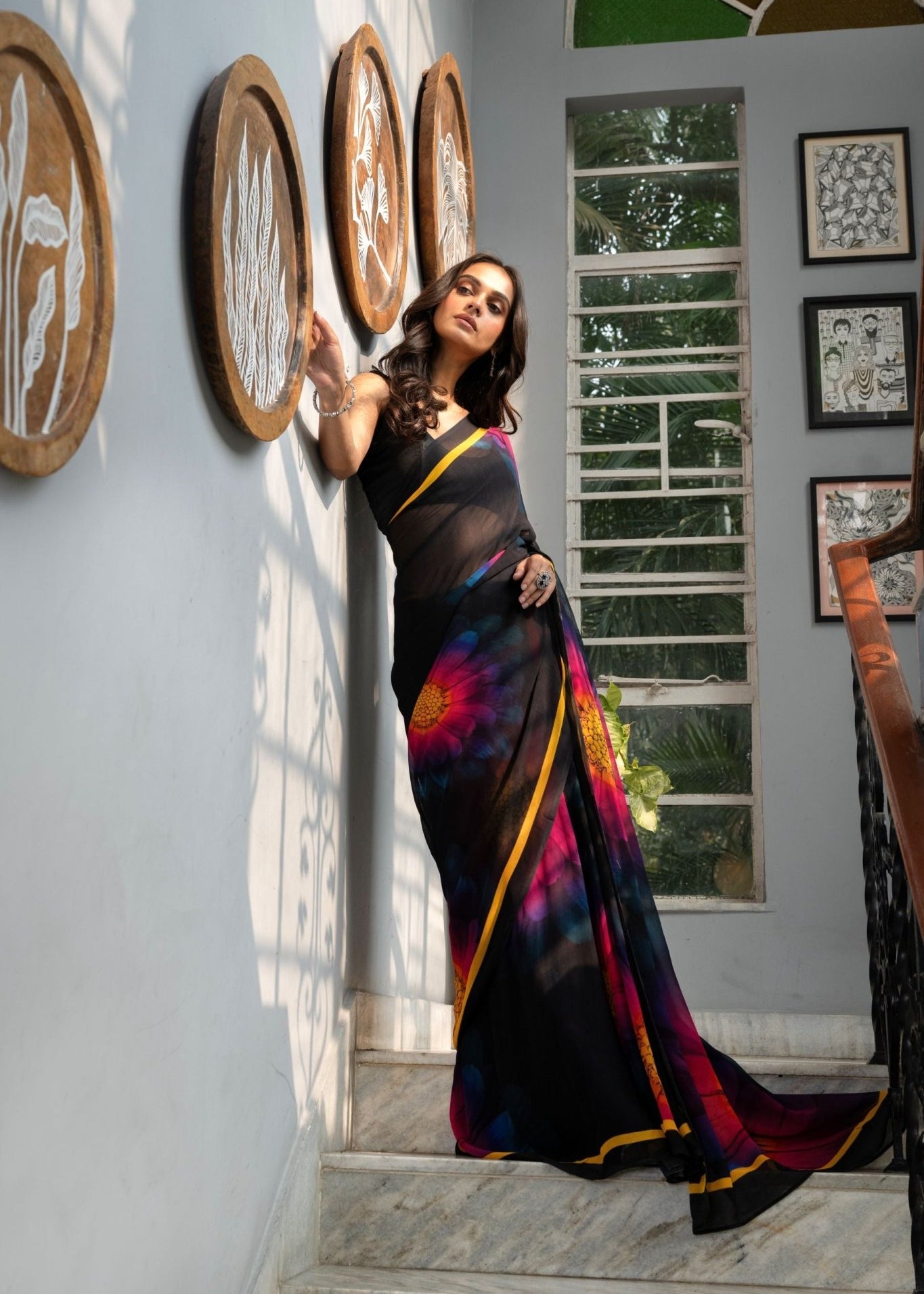 Black Georgette Saree with Multicolor Floral Prints - Anvi Couture