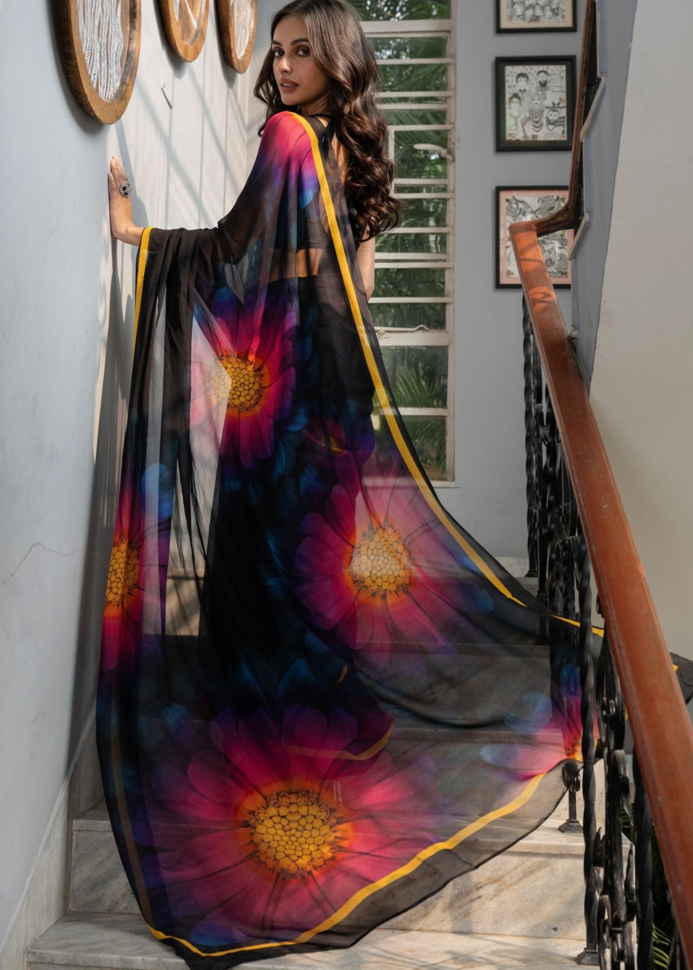 Black Georgette Saree with Multicolor Floral Prints - Anvi Couture