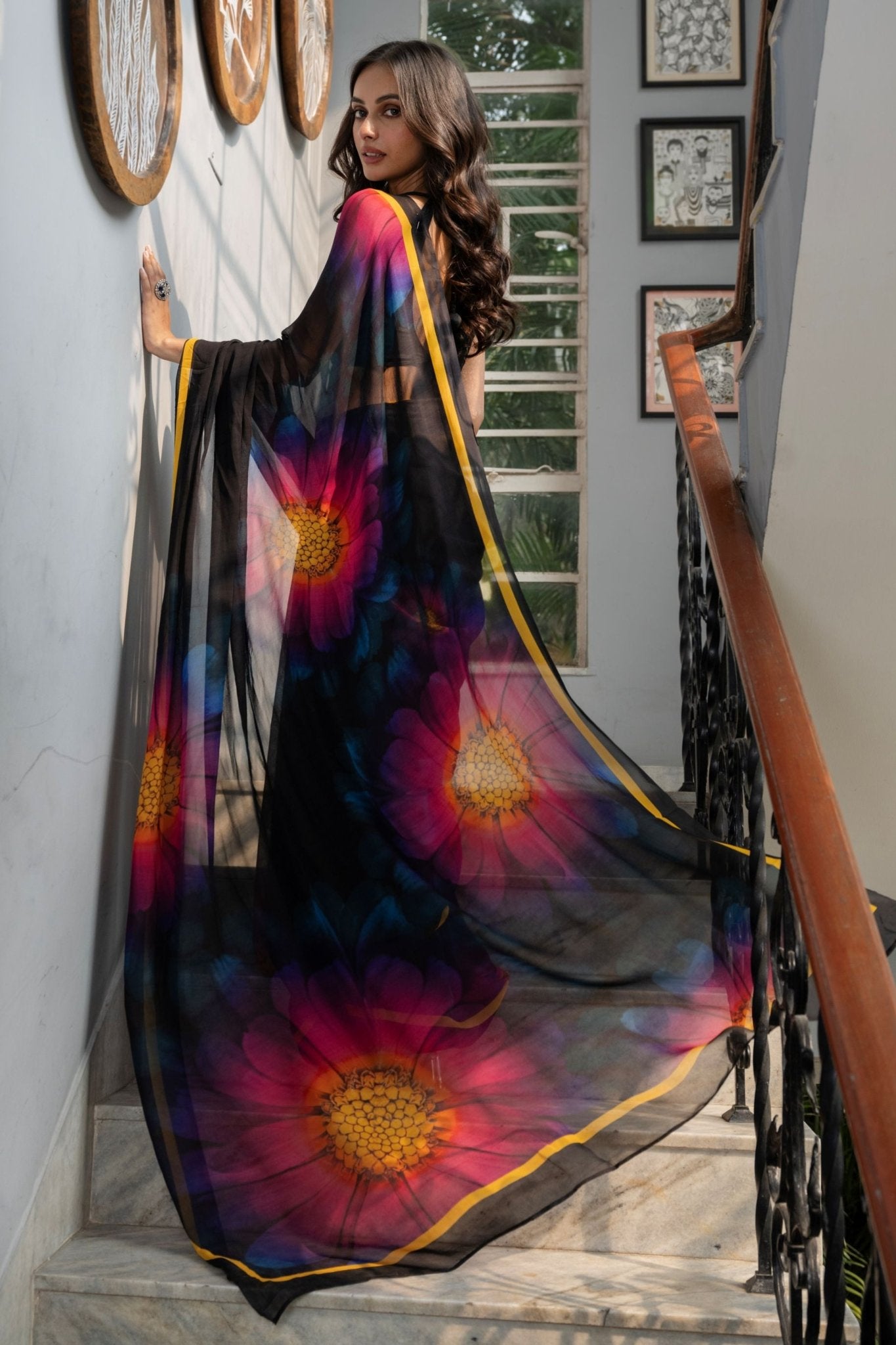 Black Georgette Saree with Multicolor Floral Prints - Anvi Couture