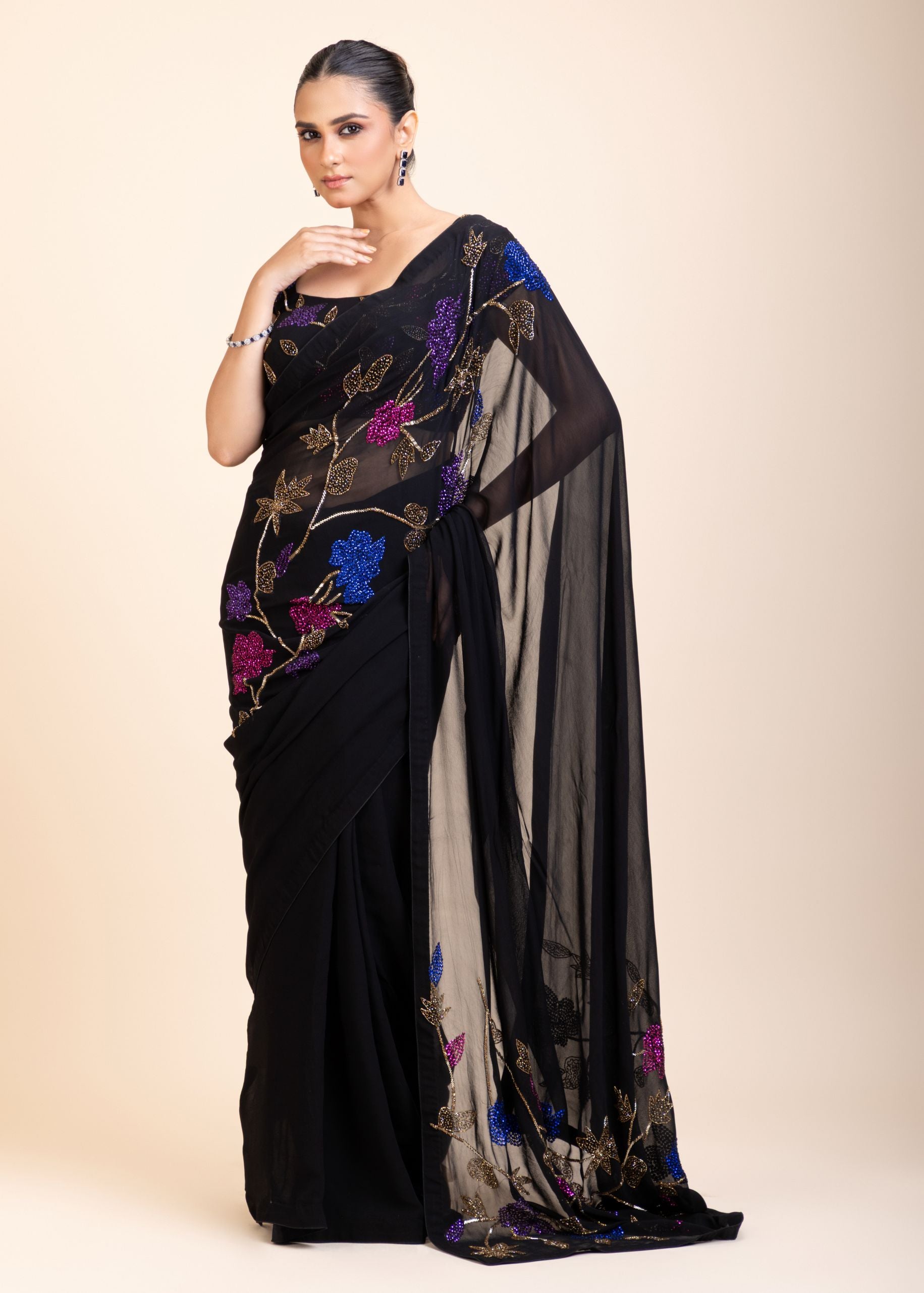Black Georgette Sequin Designer Saree -Front