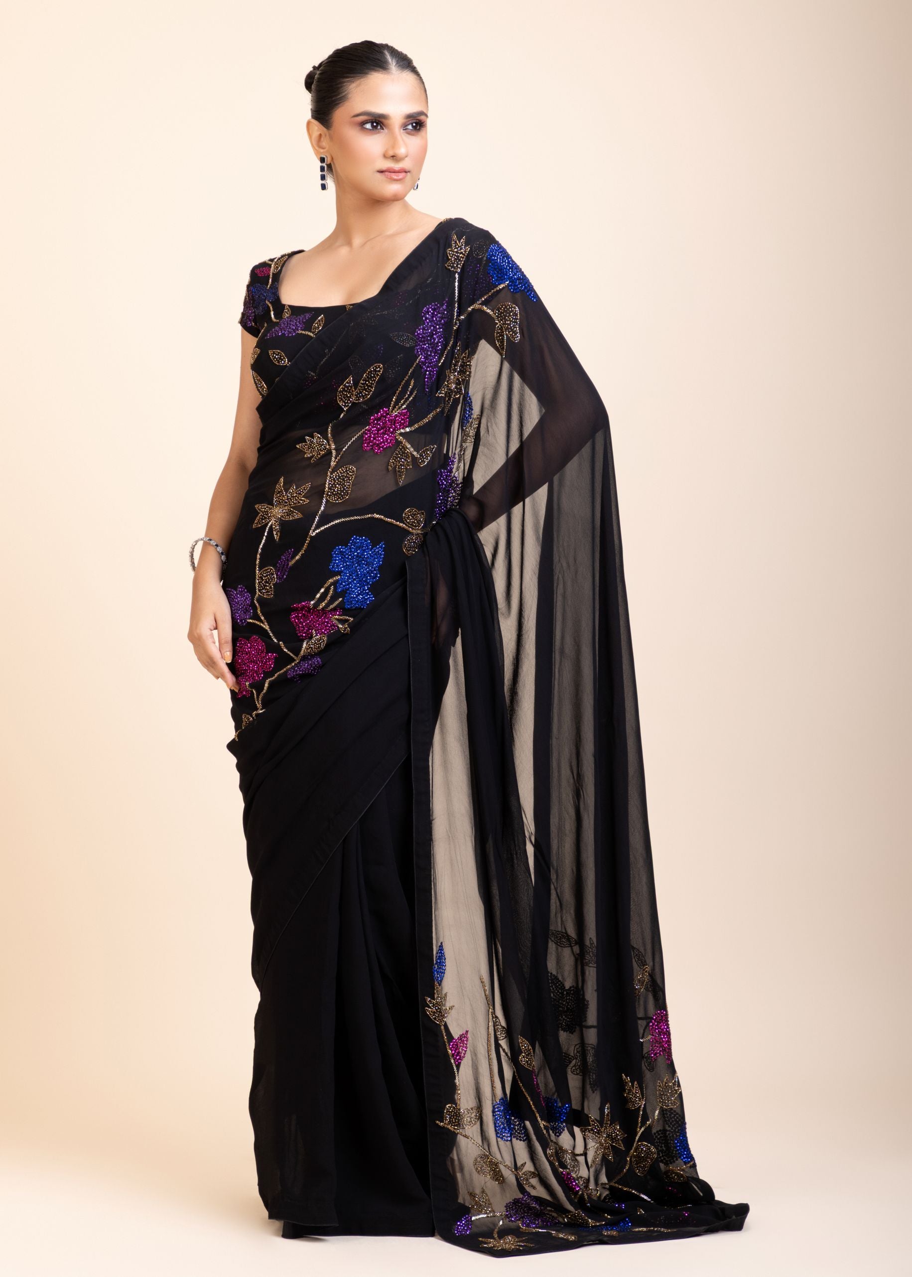 Black Georgette Sequin Designer Saree -Pallu