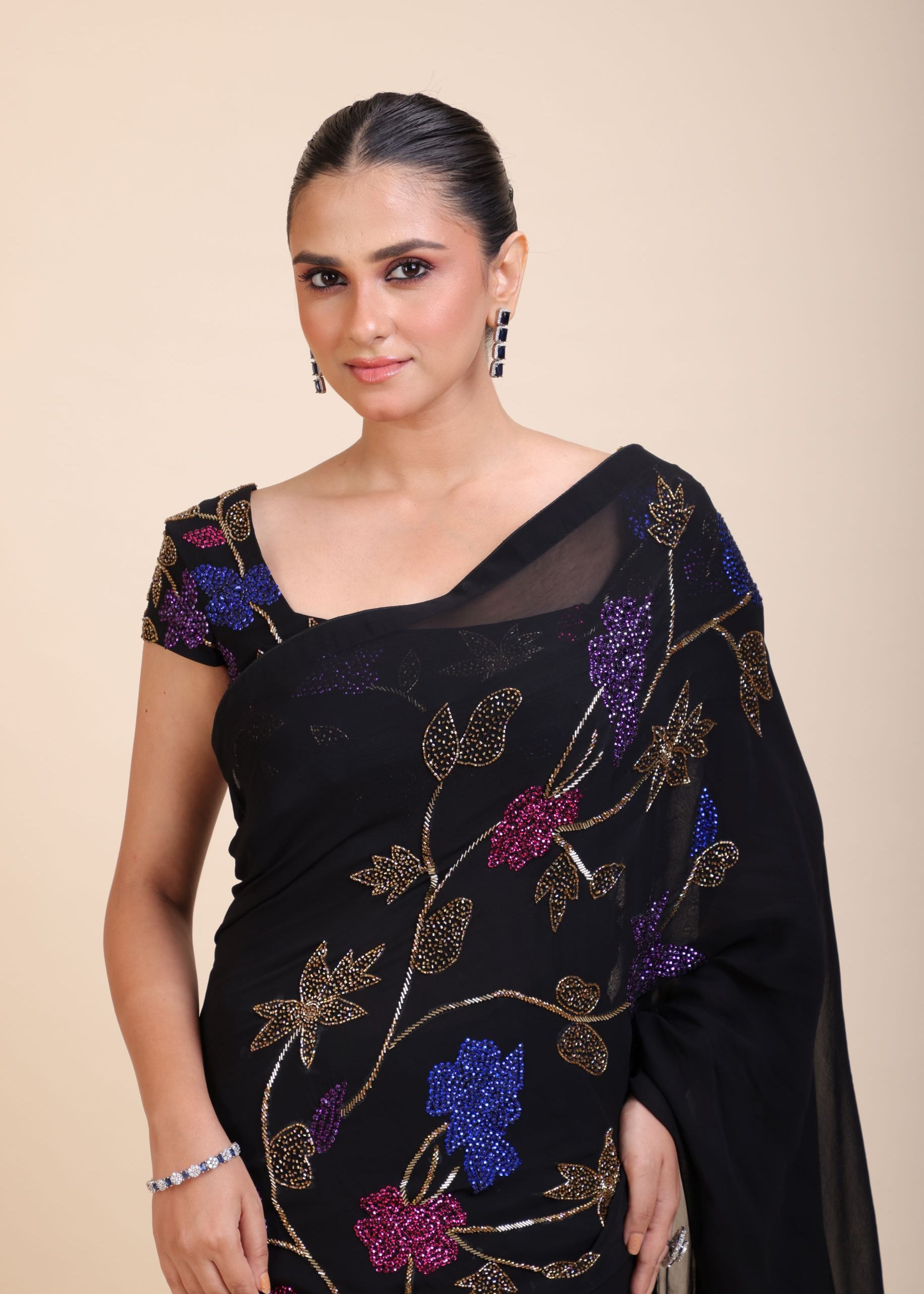 Black Georgette Sequin Designer Saree -Close