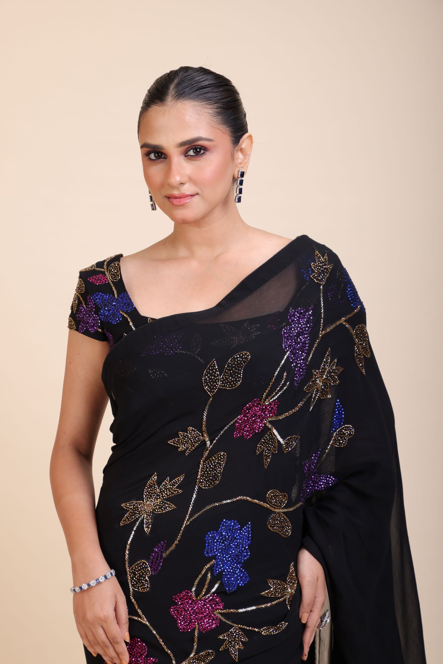 Black Georgette Sequin Designer Saree -Close