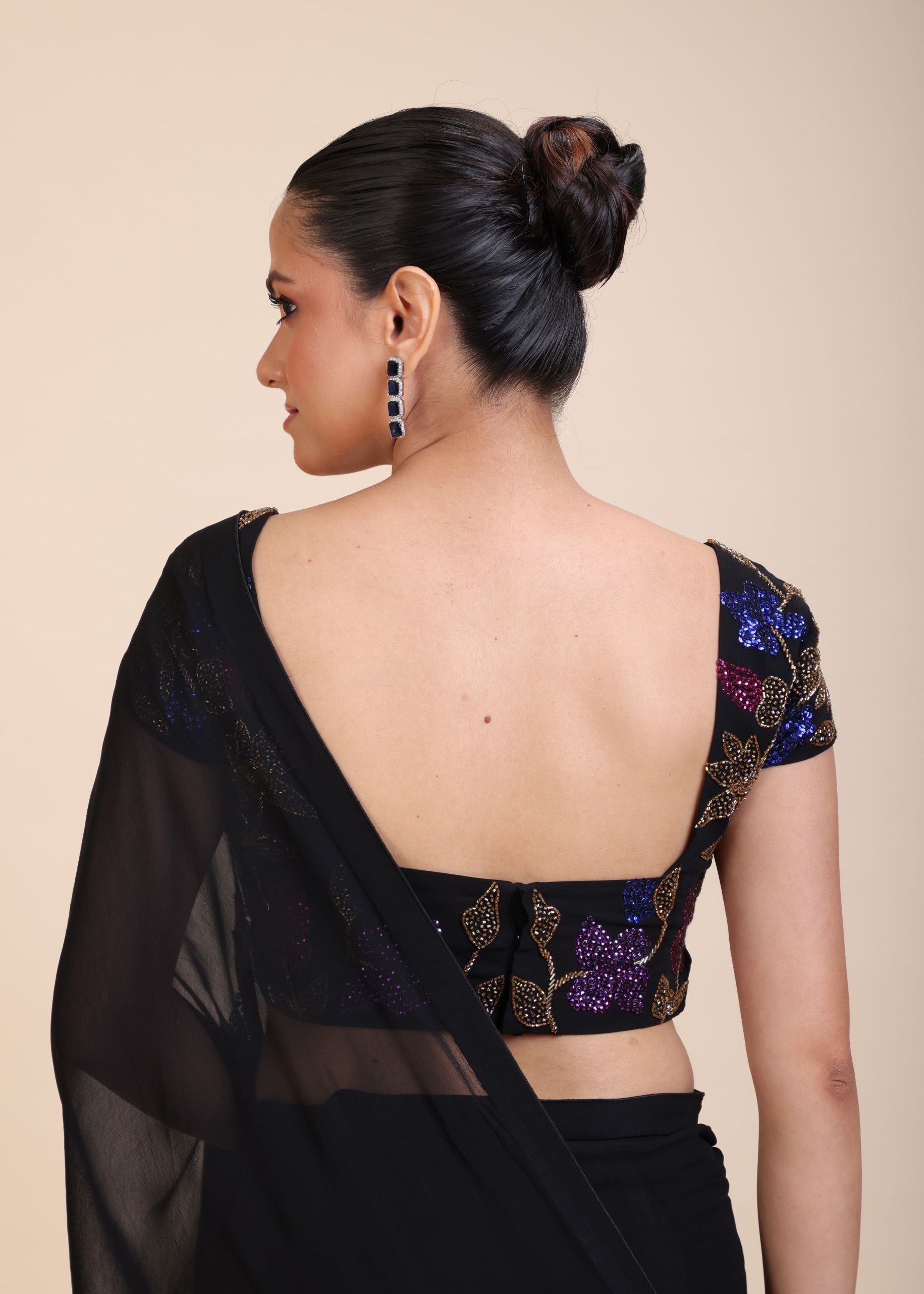 Black Georgette Sequin Designer Saree  -Back