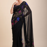Black Georgette Sequin Designer Saree Full 

