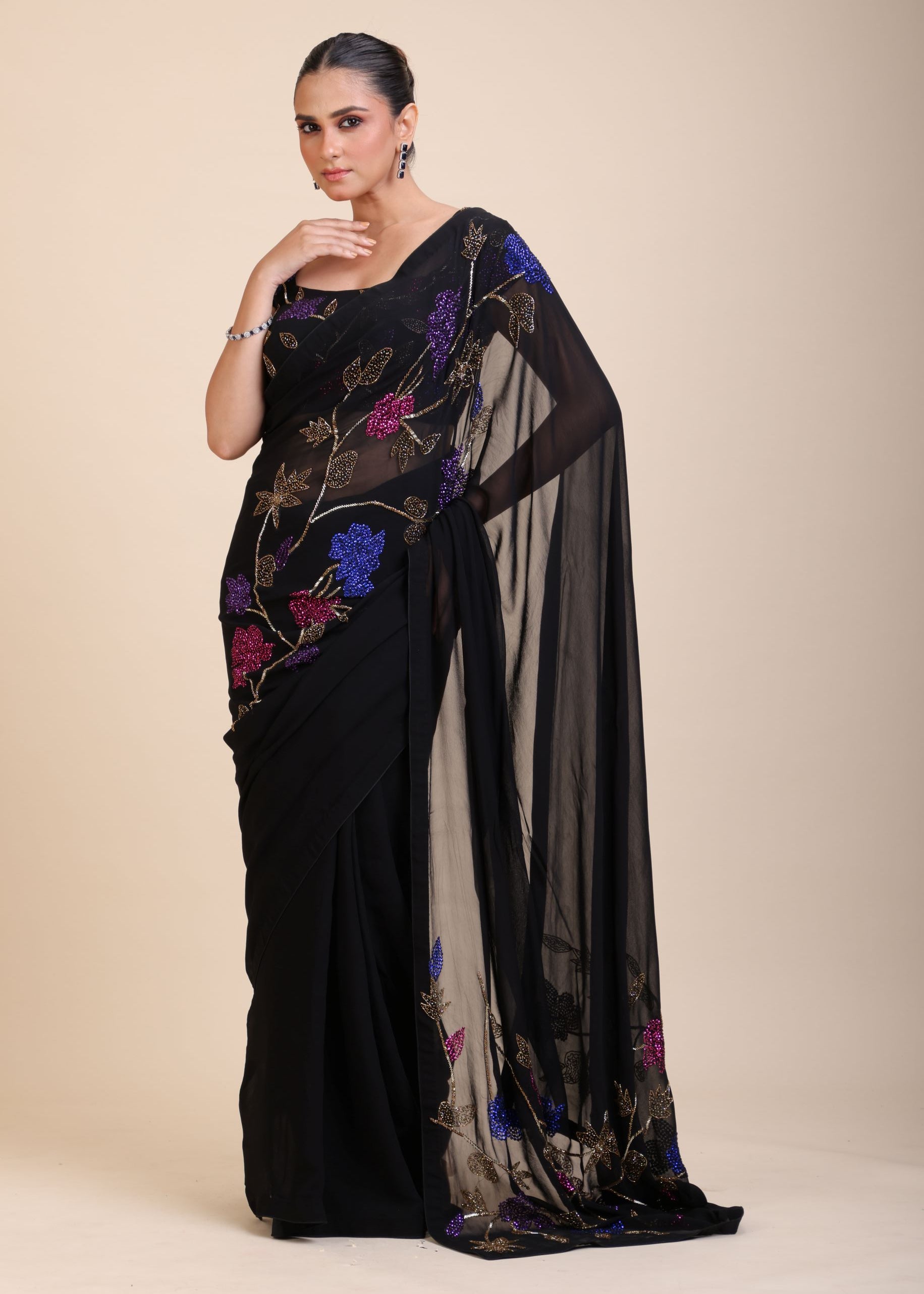 Black Georgette Sequin Designer Saree Full 

