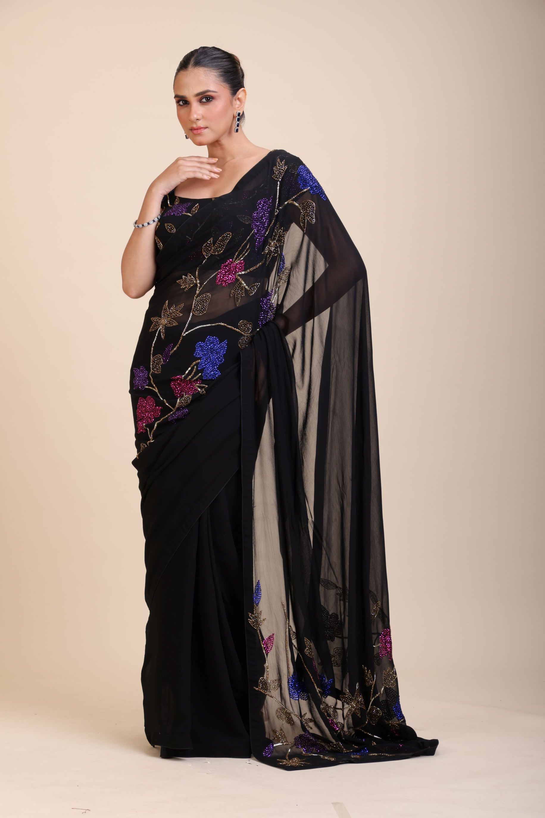 Black Georgette Sequin Designer Saree Full 

