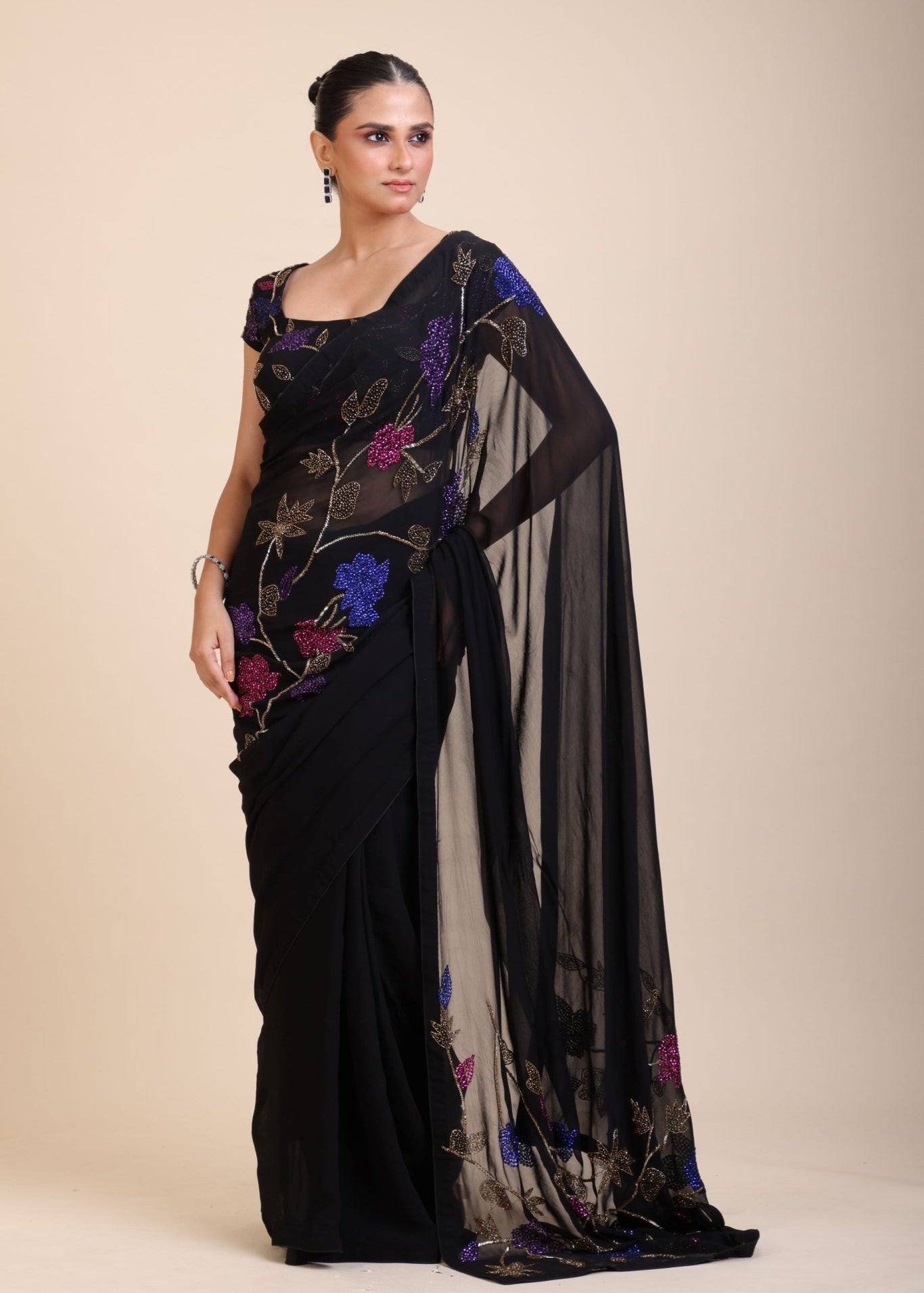 Black Georgette Sequin Designer Saree - Anvi Couture