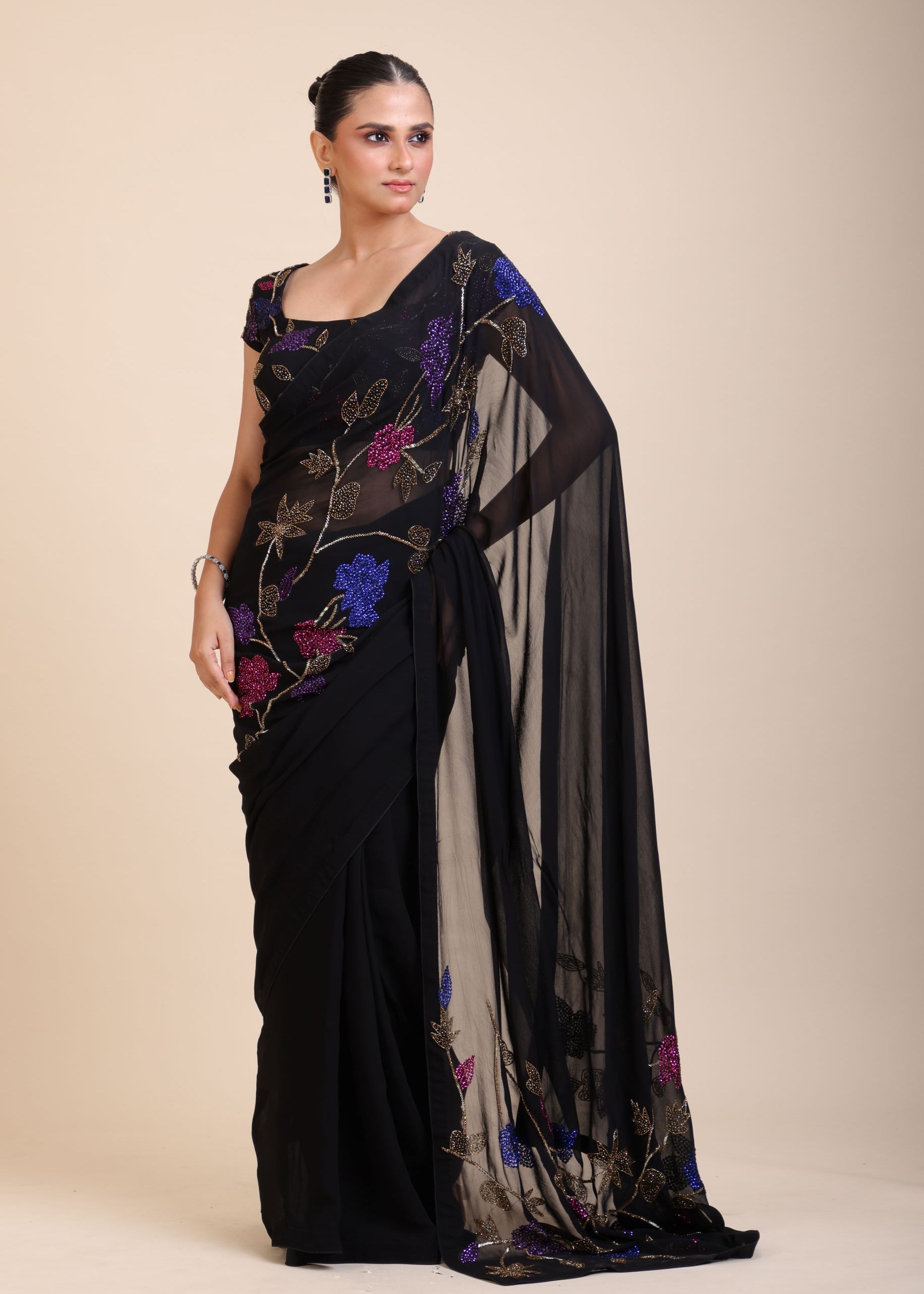 Black Georgette Sequin Designer Saree Front 

