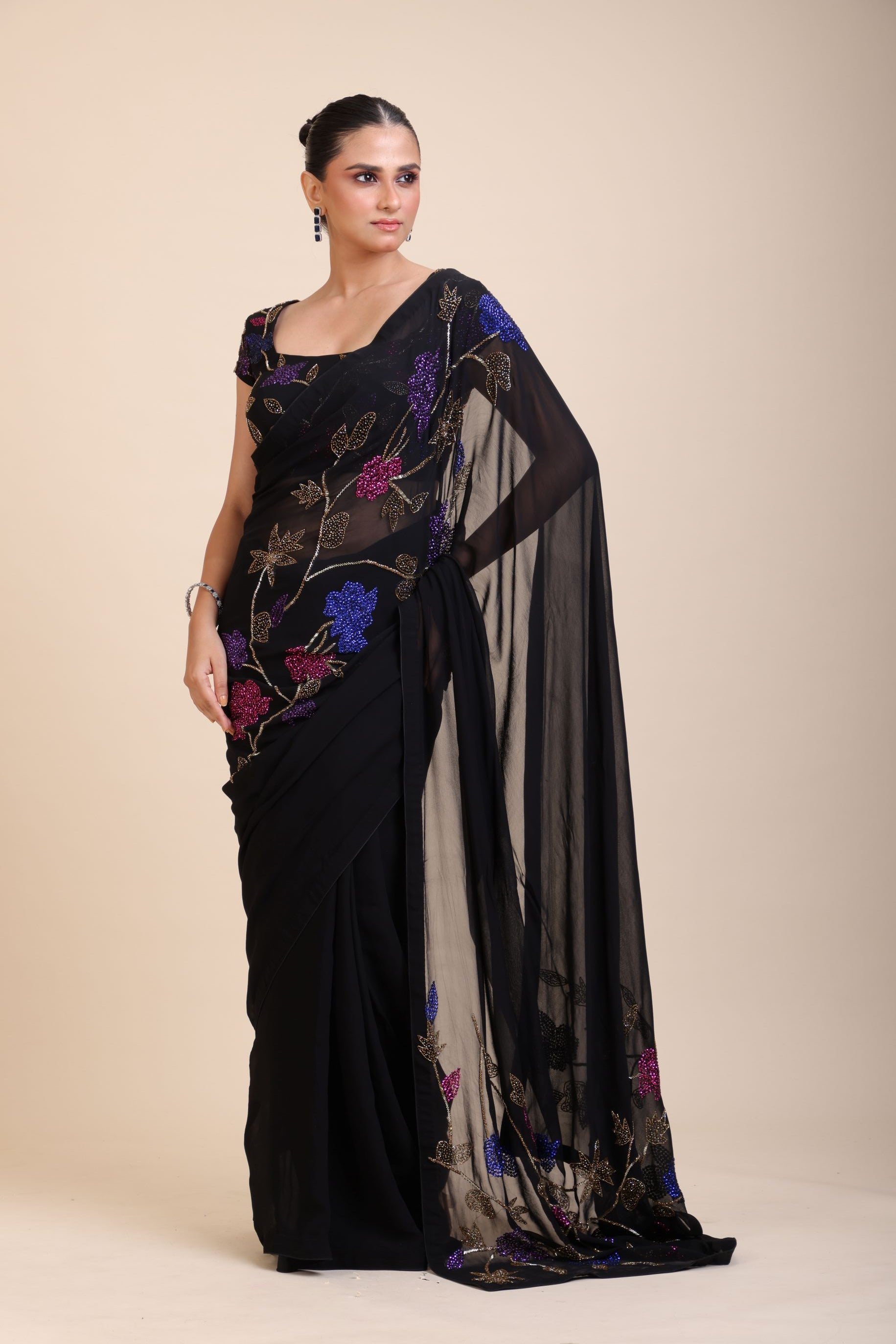 Black Georgette Sequin Designer Saree Front 

