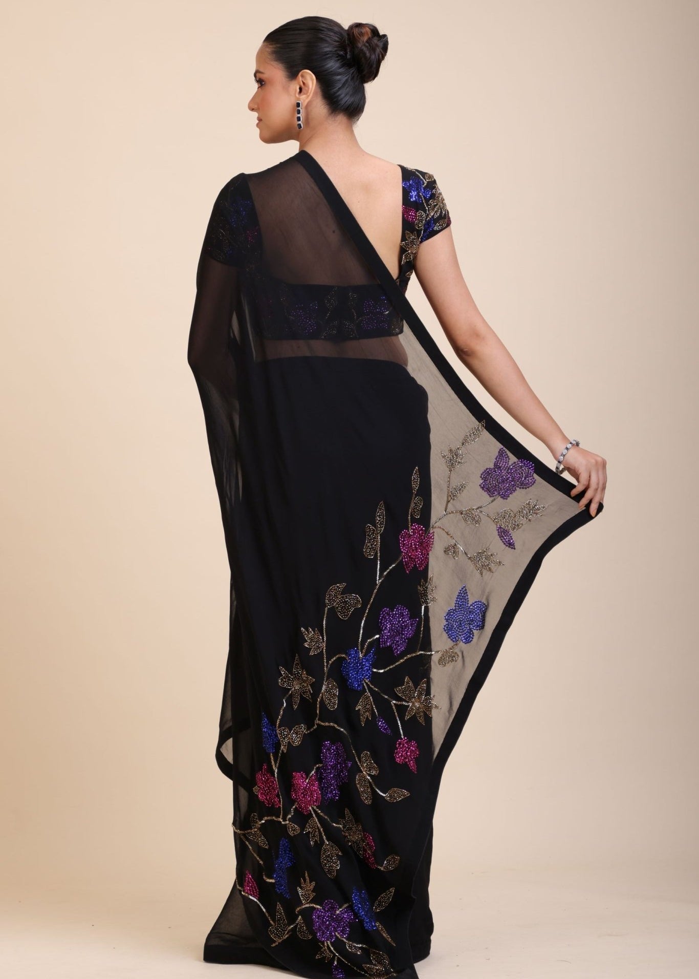 Black Georgette Sequin Designer Saree - Anvi Couture