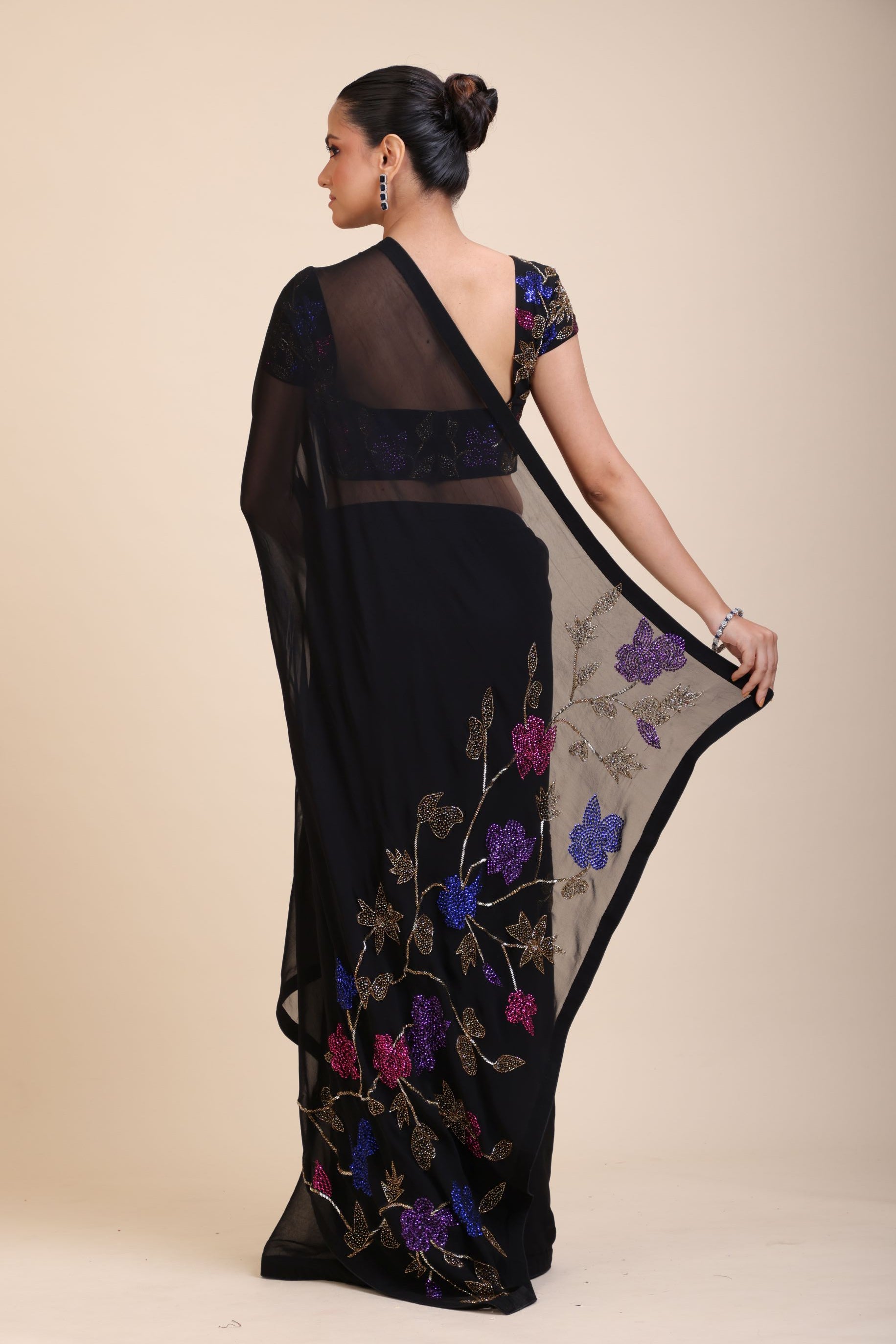 Black Georgette Sequin Designer Saree  Back

