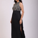 Black Gown With Halter Neck Sleeves front