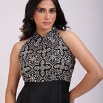 Black Gown With Halter Neck Sleeves close up