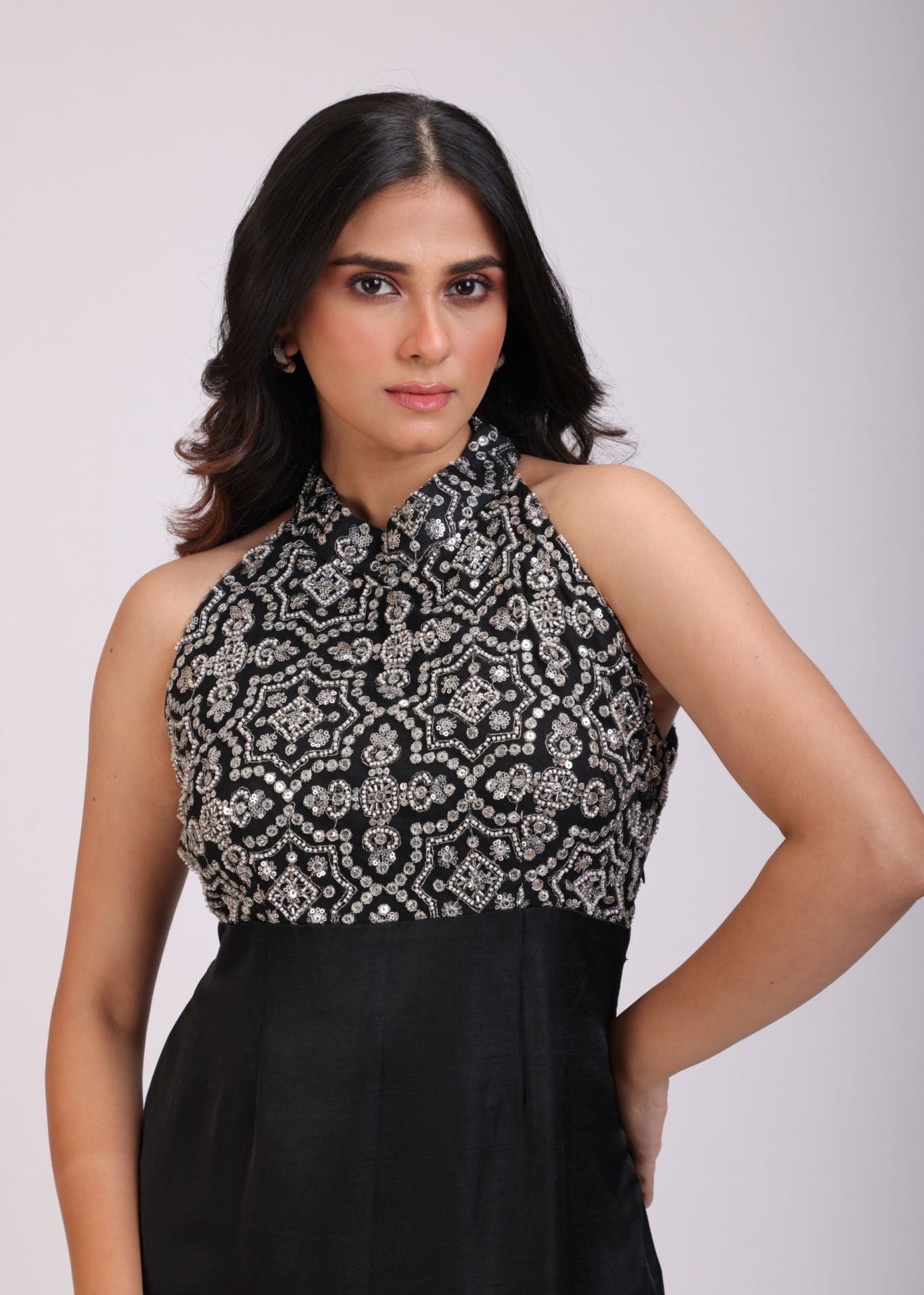 Black Gown With Halter Neck Sleeves - Anvi Couture