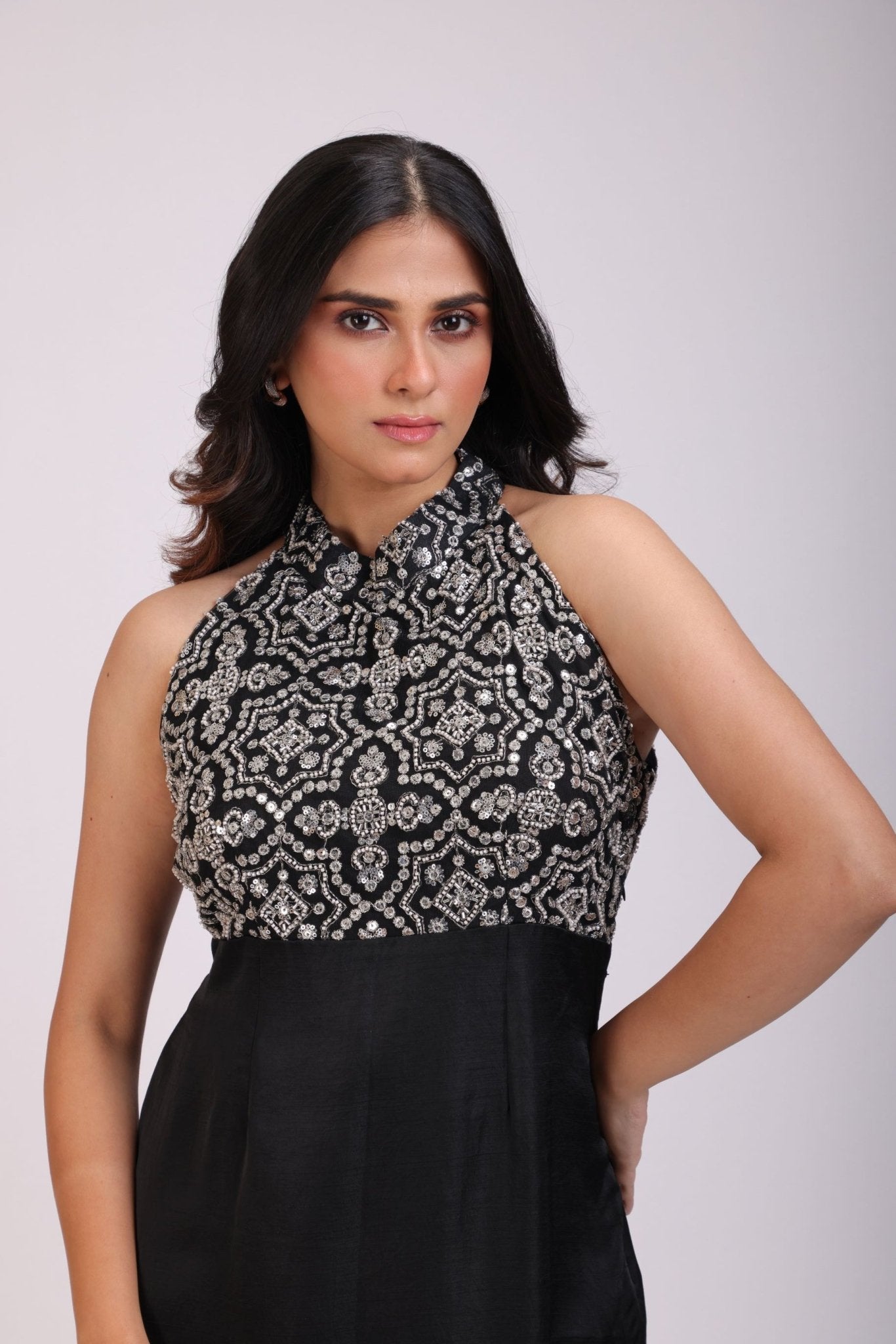 Black Gown With Halter Neck Sleeves - Anvi Couture