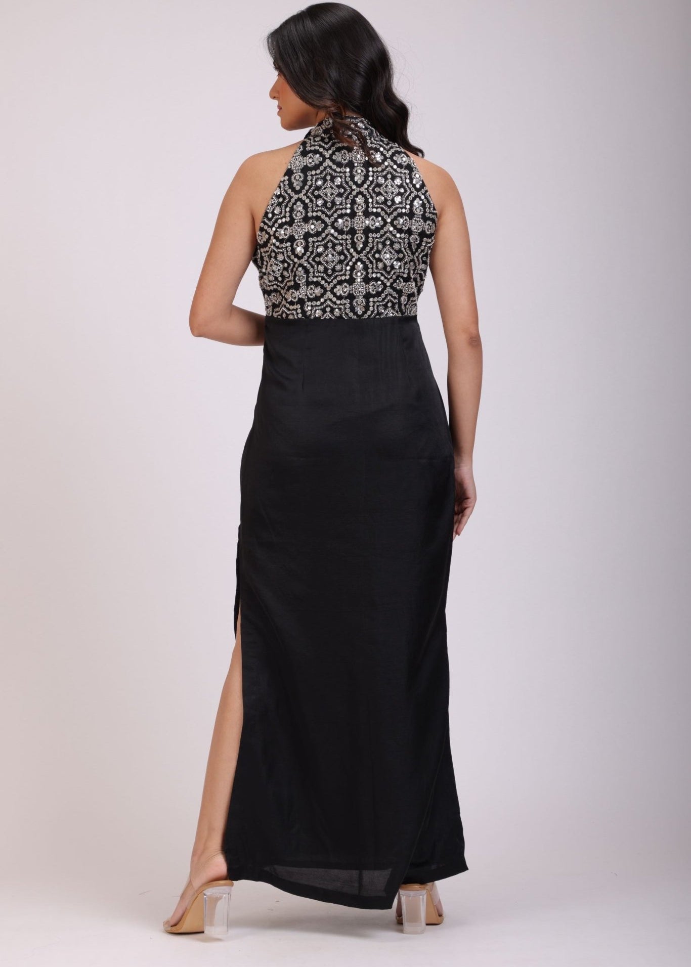 Black Gown With Halter Neck Sleeves - Anvi Couture