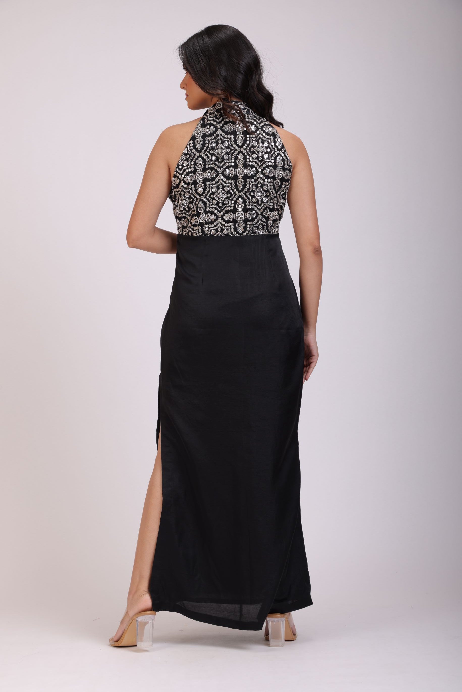Black Gown With Halter Neck Sleeves back