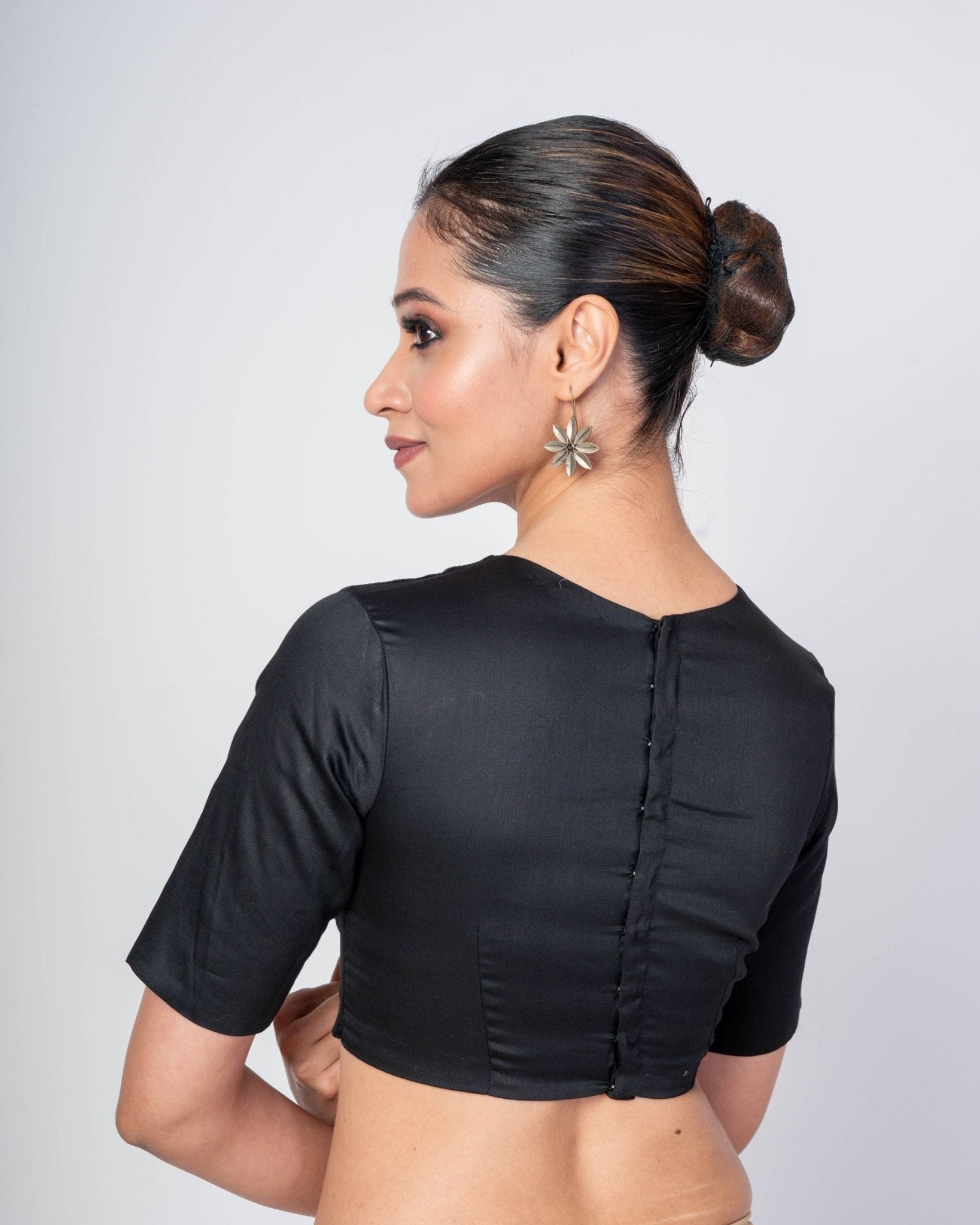 Black Half Sleeves Close Neck Cotton Silk Blouse With Back Button Closure - Anvi Couture