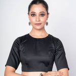 Black Half Sleeves Close Neck Cotton Silk Blouse With Back Button Closure - Anvi Couture