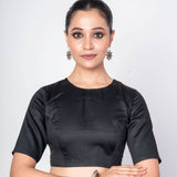 Black Half Sleeves Close Neck Cotton Silk Blouse With Back Button Closure - Anvi Couture