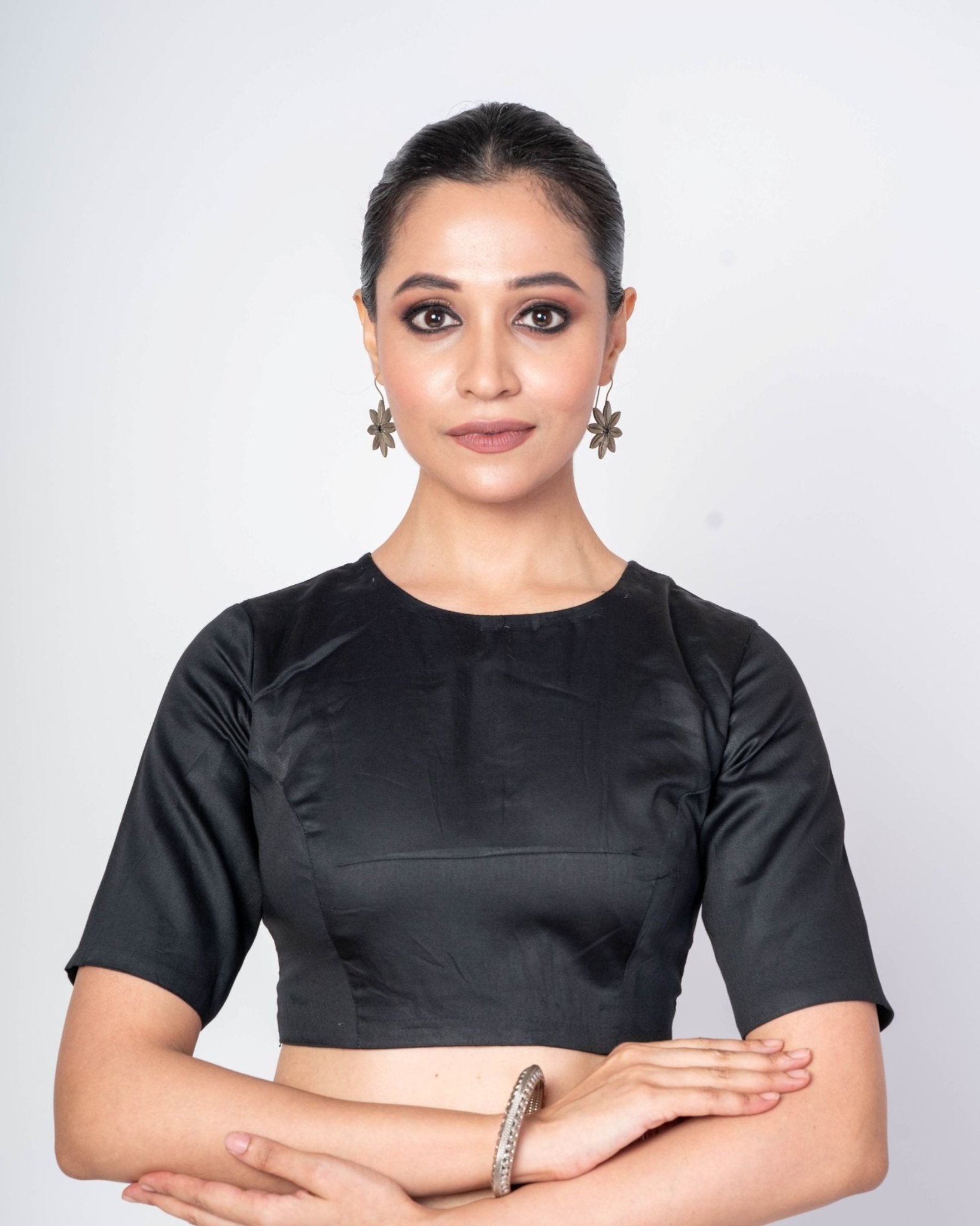 Black Half Sleeves Close Neck Cotton Silk Blouse With Back Button Closure - Anvi Couture