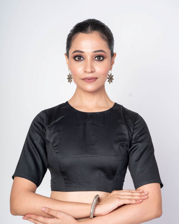 Black Half Sleeves Close Neck Cotton Silk Blouse With Back Button Closure - Anvi Couture