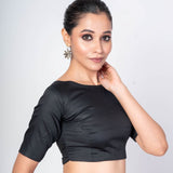 Black Half Sleeves Close Neck Cotton Silk Blouse With Back Button Closure - Anvi Couture