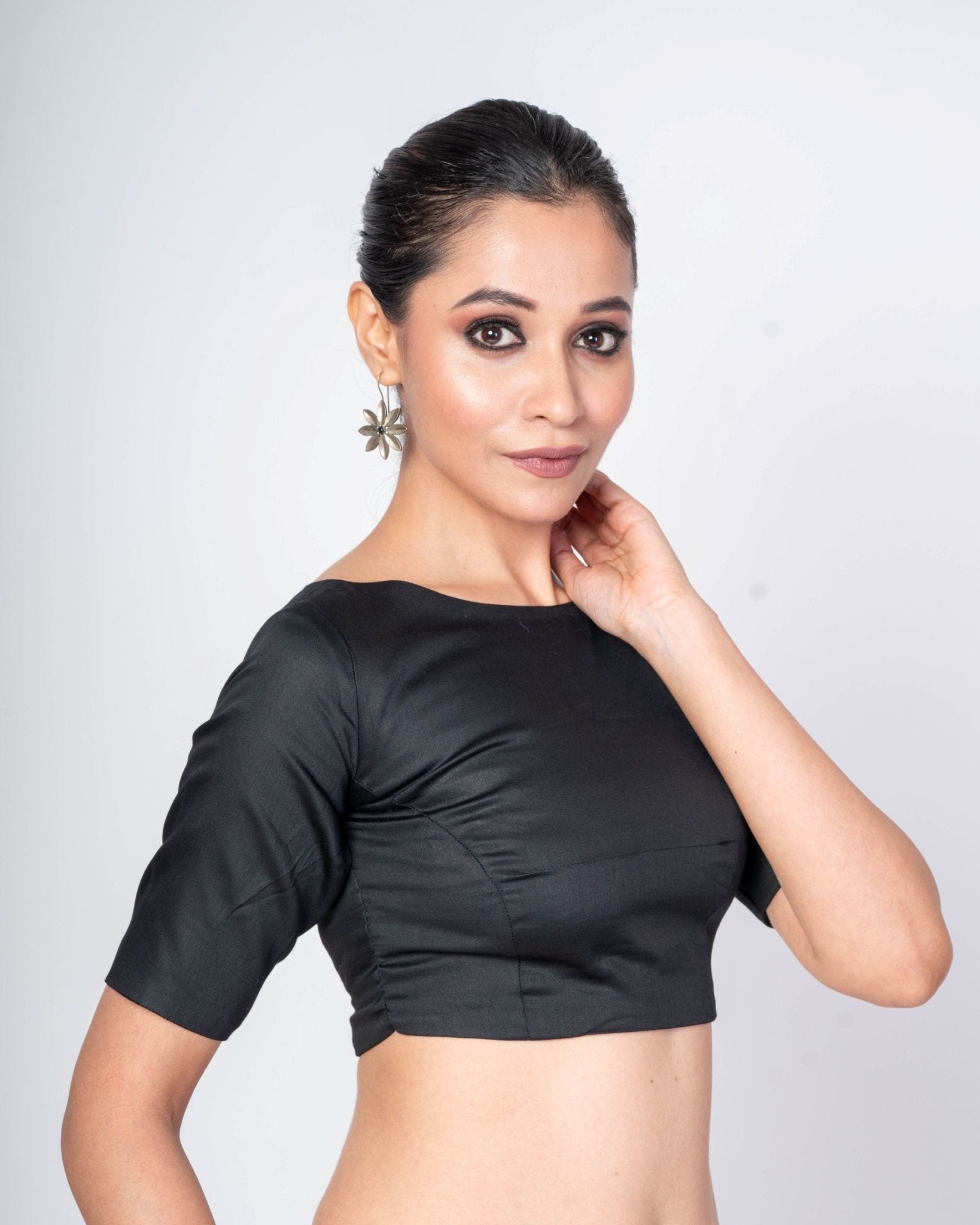 Black Half Sleeves Close Neck Cotton Silk Blouse With Back Button Closure - Anvi Couture