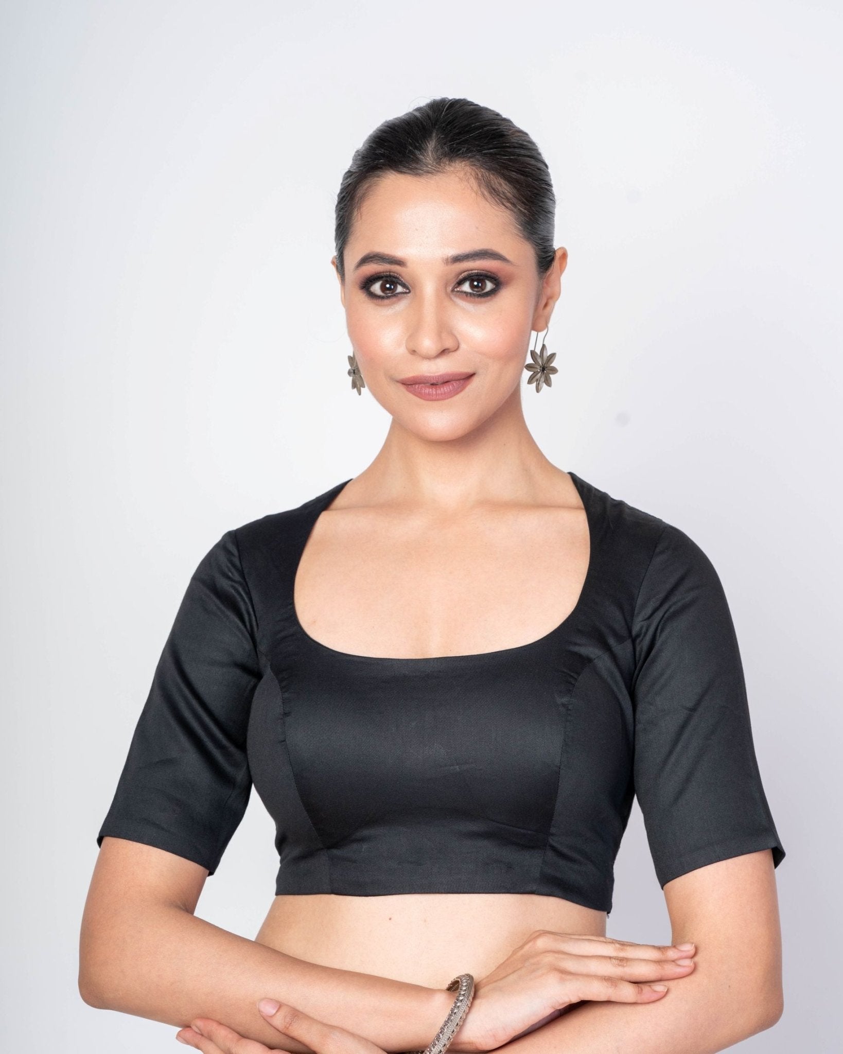 Black Half Sleeves Cotton Silk U - Neck Blouse With Square Back Closure - Anvi Couture