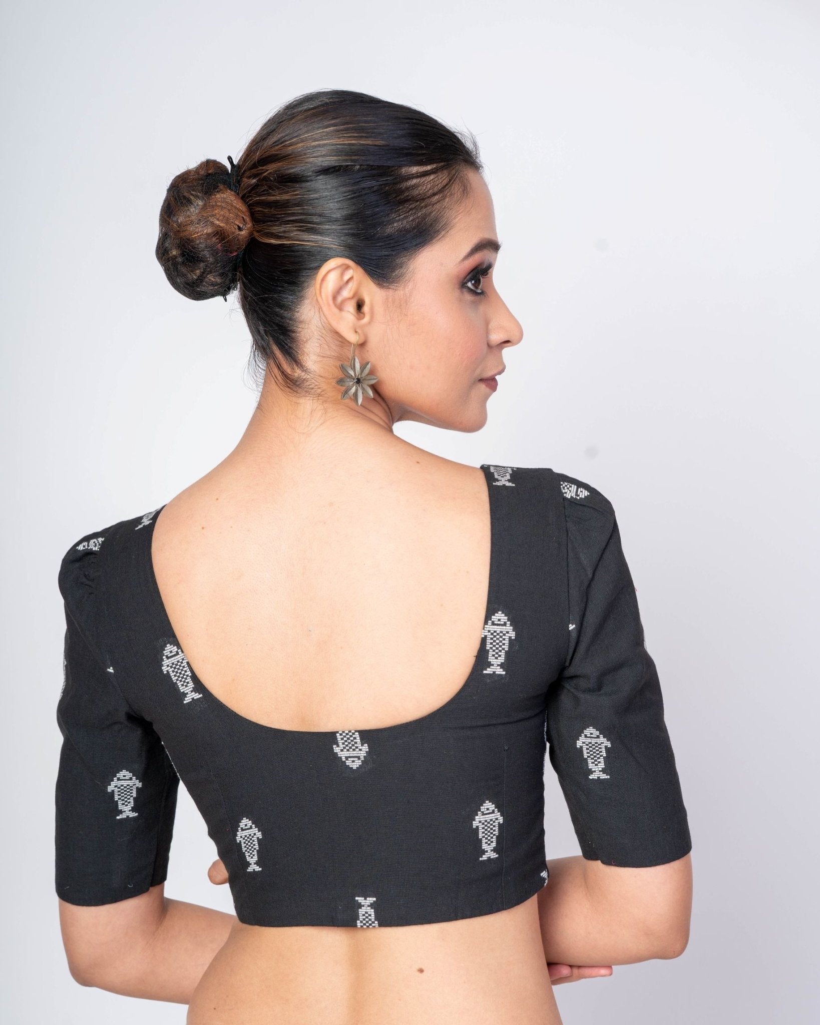 Black Half Sleeves U - Neck Cotton Blouse With Back Closure - Anvi Couture