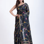 Black Handwoven Jamdani Saree with Pink Garden Floral Design Full
