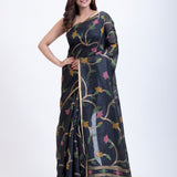 Black Handwoven Jamdani Saree with Pink Garden Floral Design Full
