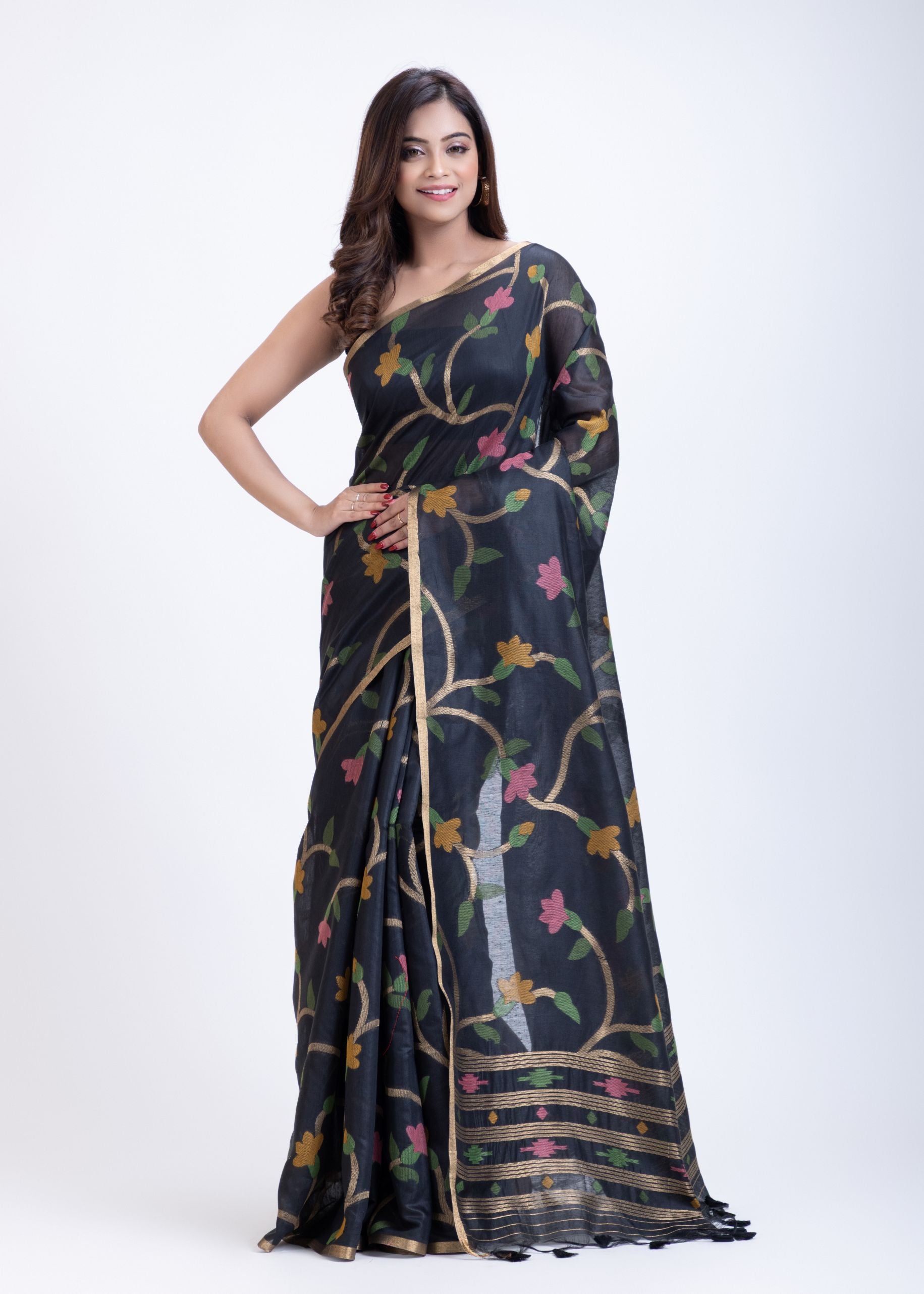 Black Handwoven Jamdani Saree with Pink Garden Floral Design Full
