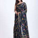Black Handwoven Jamdani Saree with Pink Garden Floral Design Front
