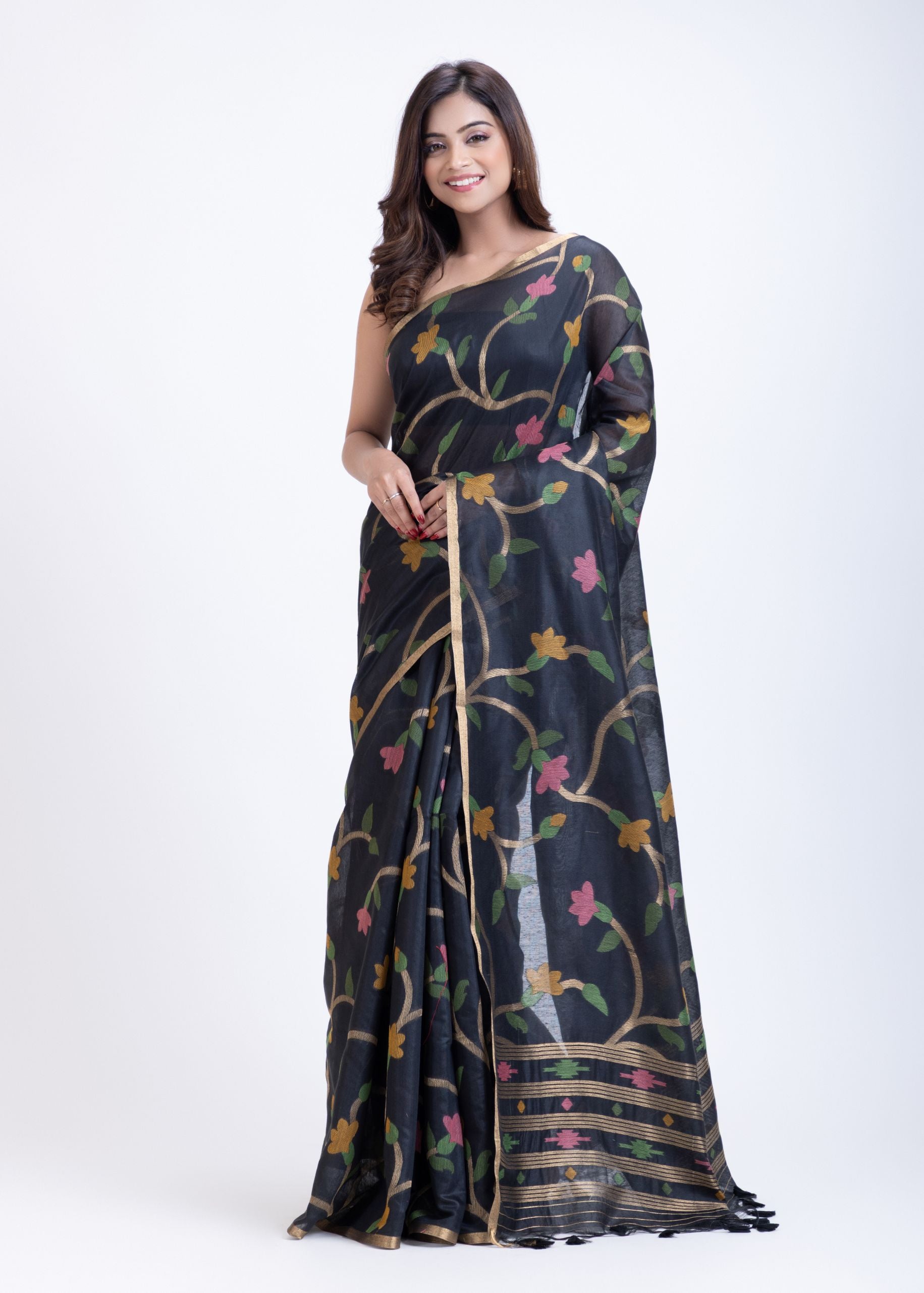 Black Handwoven Jamdani Saree with Pink Garden Floral Design Front
