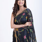  Black Handwoven Jamdani Saree with Pink Garden Floral Design Close Up
