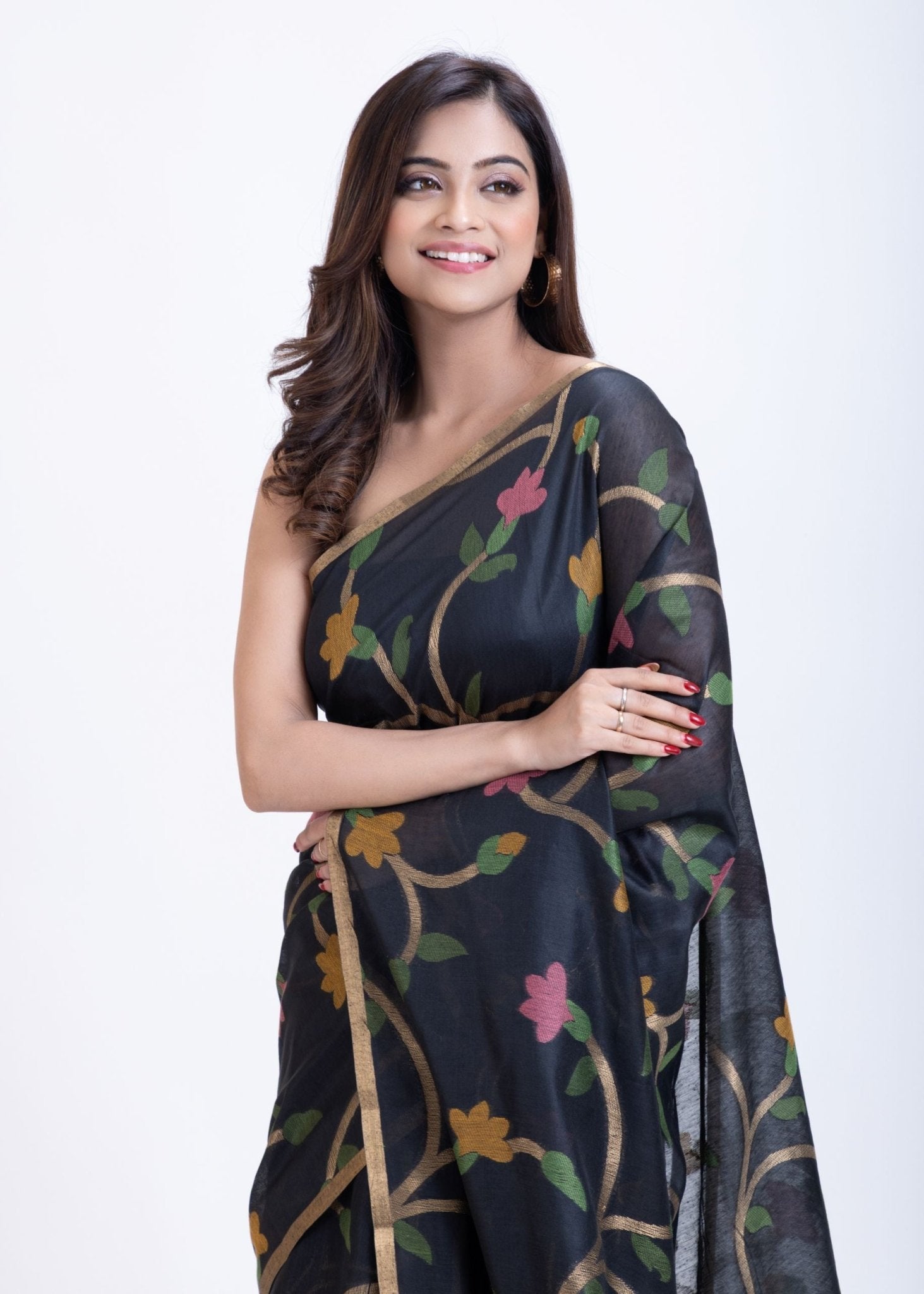 Black Handwoven Jamdani Saree with Pink Garden Floral Design - Anvi Couture