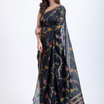 Black Handwoven Jamdani Saree with Pink Garden Floral Design Back
