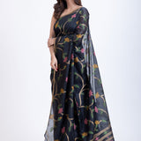 Black Handwoven Jamdani Saree with Pink Garden Floral Design Back
