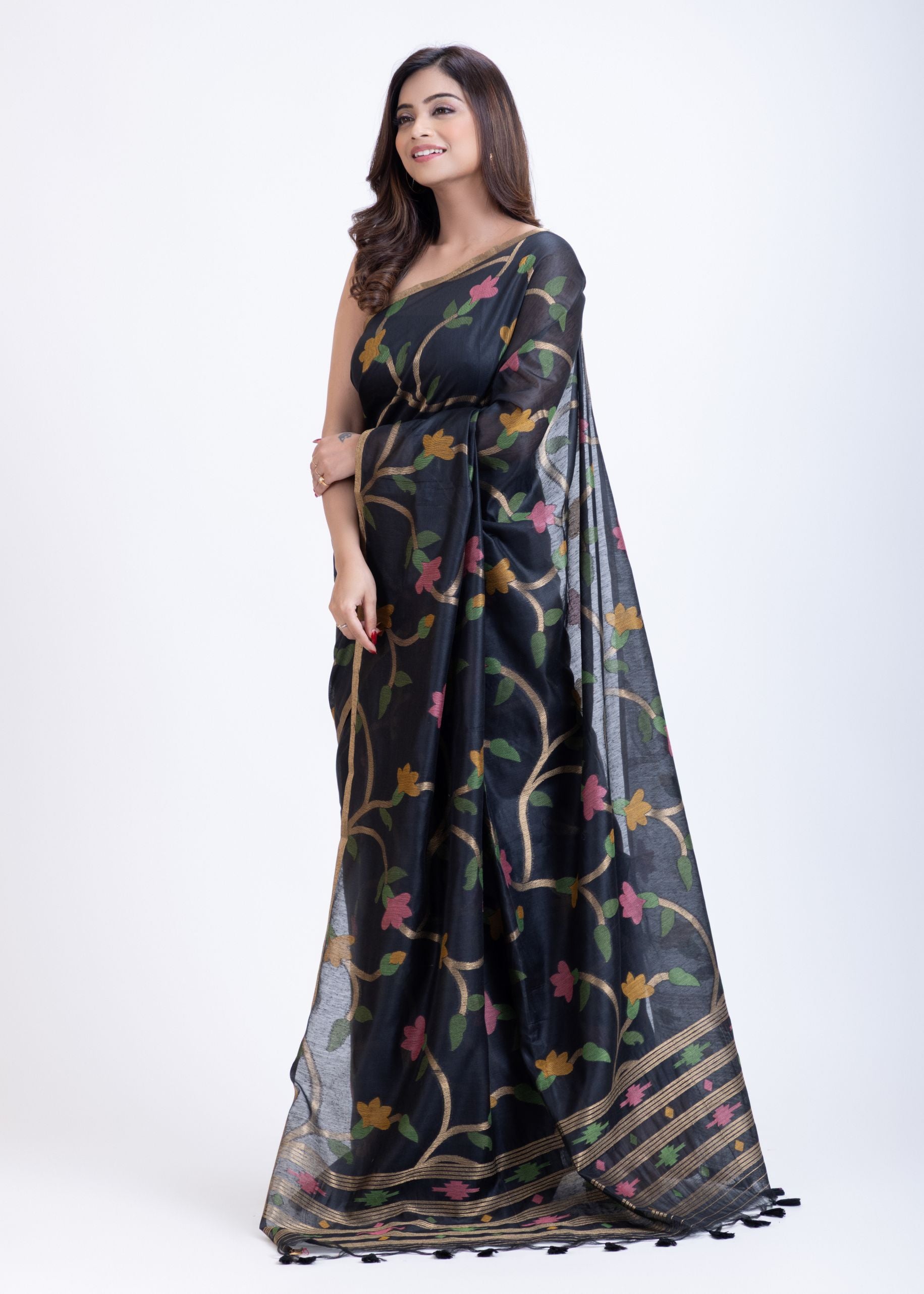 Black Handwoven Jamdani Saree with Pink Garden Floral Design Back
