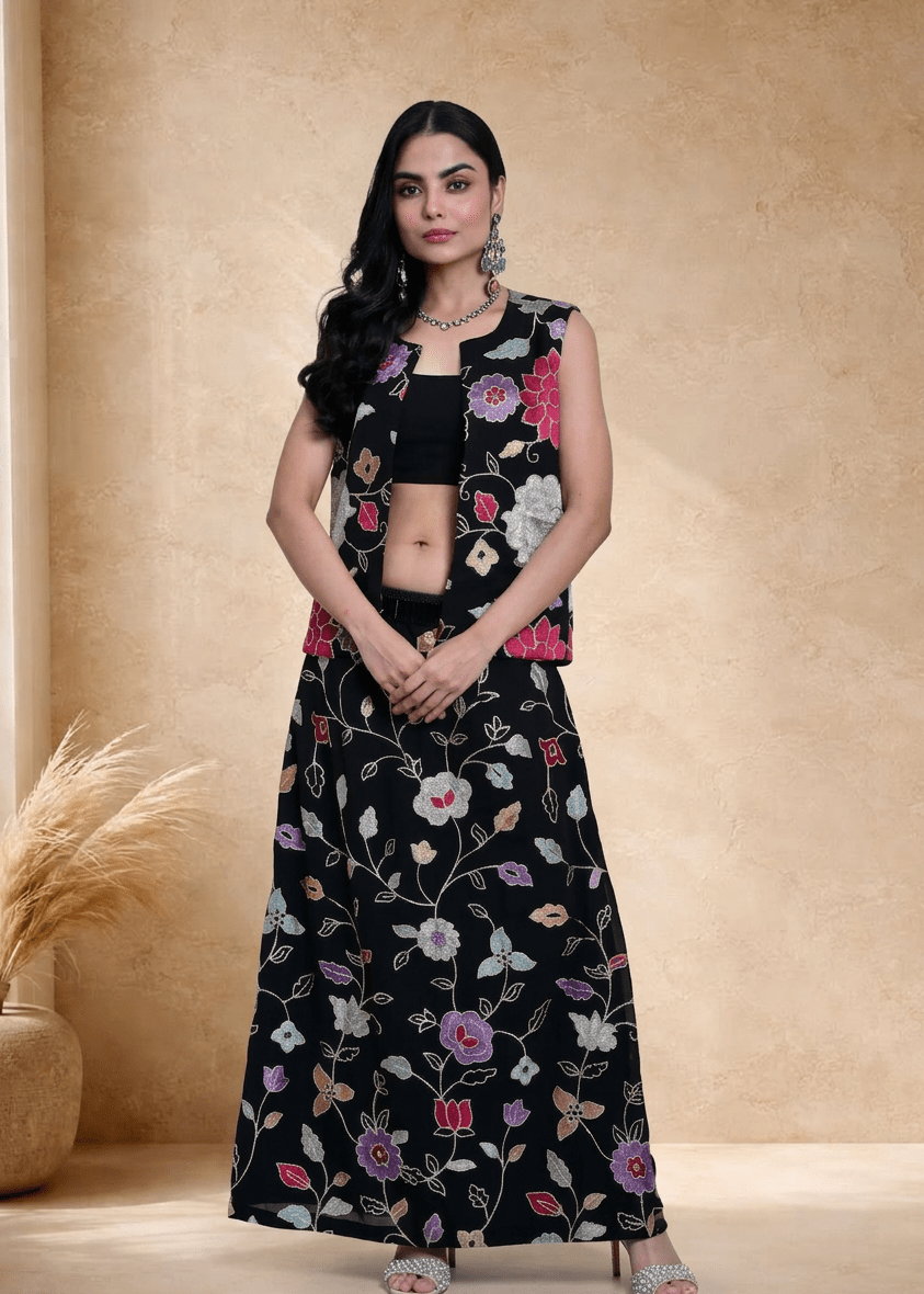 Black Jacket Lehenga Set with Multicolored Floral Embroidery - Anvi Couture